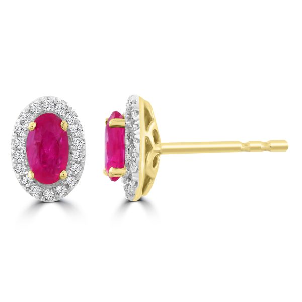 Ruby Stud Earrings with 0.1ct Diamonds in 9K Yellow Gold